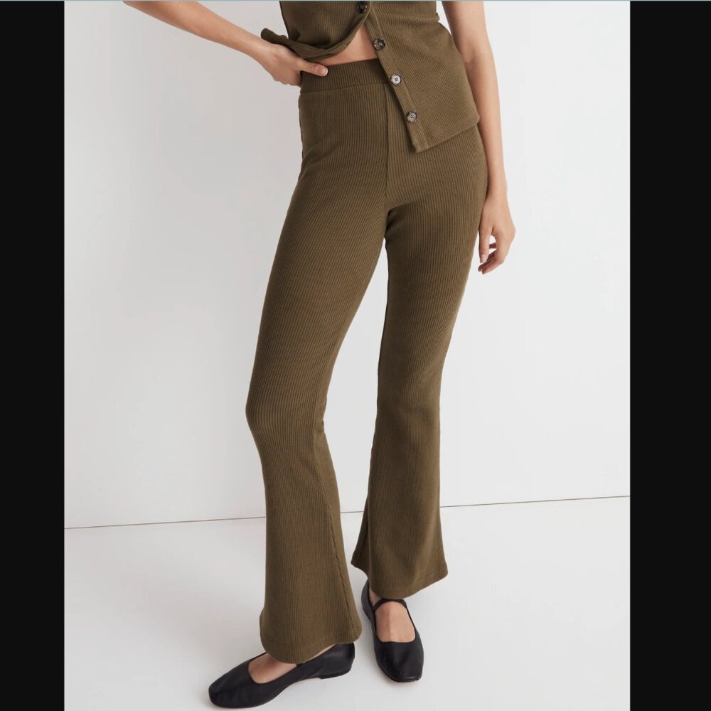 Madewell Ribbed Knit Pull-On Flare Bell-Bottom Pant Size M Green High Rise NEW